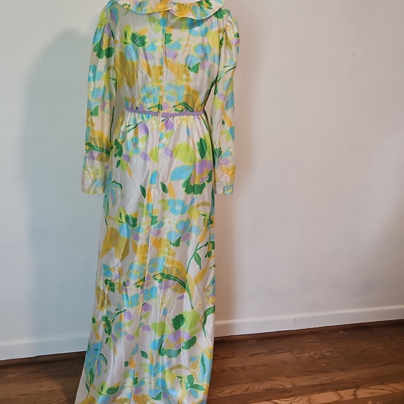 70s Floral Ruffle V-Neck Long Sleeve Maxi Dress - Green & Yellow M? - Picture 3 of 6